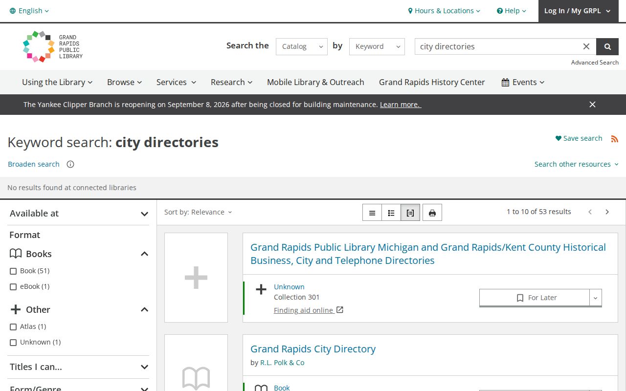 Walker city directory catalog search at Grand Rapids Public Library